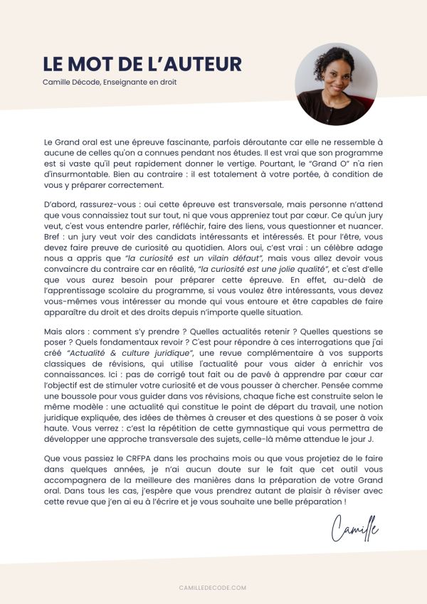 Mot de l'auteur de la revue par Camille Décode, enseignante en droit